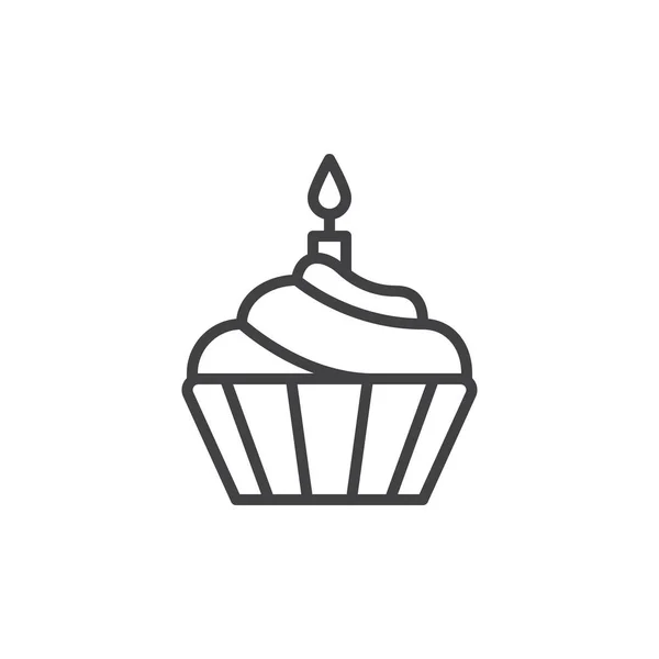 Cupcake Mit Kerzenlinien Symbol Umrissvektorzeichen Lineares Stil Piktogramm Auf Weiß — Stockvektor