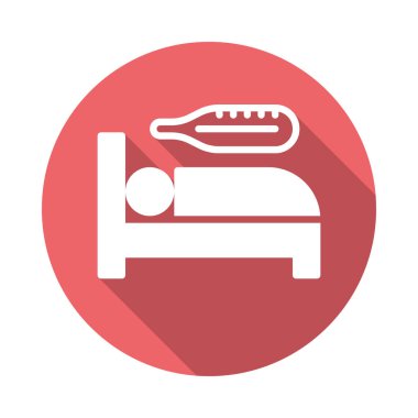 Yatak ve termometre düz simgesi. Yuvarlak renkli düğmesini, hasta daire olmak uzun gölge efekti işaretiyle vektör. Düz stil tasarım