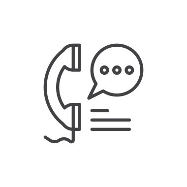 Cep telefonu ve konuşma balonu satırı simgesi, Anahat vektör işareti, doğrusal stil piktogram beyaz izole telefon. Ara, sembol, logo illüstrasyon başvurun. Düzenlenebilir inme. Piksel mükemmel grafikler