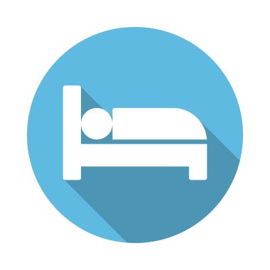 Yatak düz simgesi. Yuvarlak renkli düğmesini, otel odası dairesel vektör işareti uzun gölge etkisi ile. Düz stil tasarım