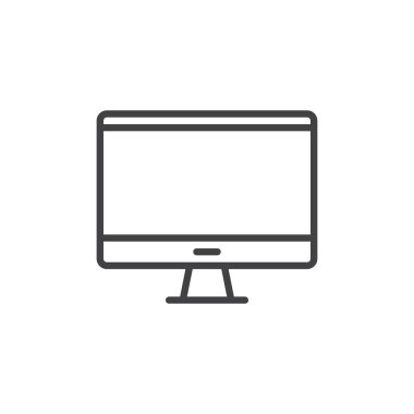 Masaüstü bilgisayar, monitör satırı simgesi, Anahat vektör işareti üzerinde beyaz izole doğrusal stil piktogram. Sembol, logo illüstrasyon. Düzenlenebilir inme. Piksel mükemmel