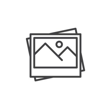 Fotoğraf hat simgesi, Anahat vektör işareti, üzerinde beyaz izole doğrusal stil piktogram. Resimleri sembol, logo illüstrasyon. Düzenlenebilir inme. Piksel mükemmel