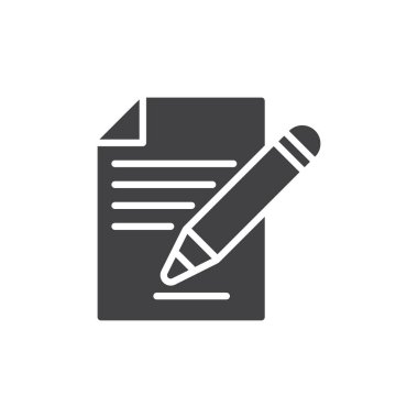 Sözleşme imzalama, belge ve kalem simge vektör, dolu düz işareti, üzerinde beyaz izole katı piktogram. Form sembolü, logo illüstrasyon. Piksel mükemmel