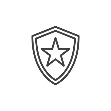 Kalkan yıldız satırı simgesi ile vektör işareti, anahat üzerinde beyaz izole doğrusal stil piktogram. Sembol, logo illüstrasyon. Düzenlenebilir inme. Piksel mükemmel