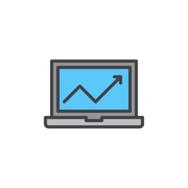 Laptop grafik ile doldurulmuş anahat simgesini, çizgi vektör işareti, üzerinde beyaz izole doğrusal renkli sembol. Sembol, logo illüstrasyon. Piksel mükemmel vektör grafikleri