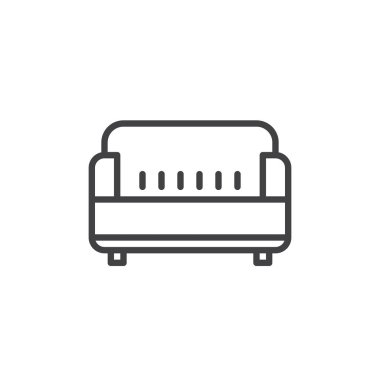 Kanepe satırı simgesi, Anahat vektör işareti üzerinde beyaz izole doğrusal stil piktogram. Sembol, logo illüstrasyon. Düzenlenebilir inme. Piksel mükemmel