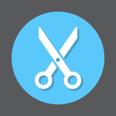 Makas düz simgesi. Kes, berber dükkanı yuvarlak renkli düğme, dairesel vektör işaret, logo illüstrasyon. Düz stil tasarım