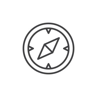 Pusula, gezinti satırı simgesi, Anahat vektör işareti üzerinde beyaz izole doğrusal stil piktogram. Sembol, logo illüstrasyon. Düzenlenebilir inme. Piksel mükemmel