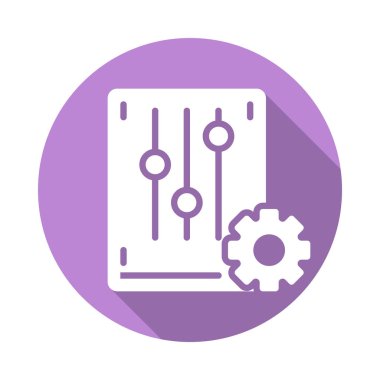 Ayarları Mikser düz simgesi. Renkli düğme dairesel vektör uzun gölge efekti ile oturum açın. Düz stil tasarım