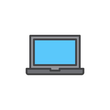 Dizüstü doldurulmuş anahat simgesini, çizgi vektör işareti, üzerinde beyaz izole doğrusal renkli sembol. Sembol, logo illüstrasyon. Piksel mükemmel vektör grafikleri