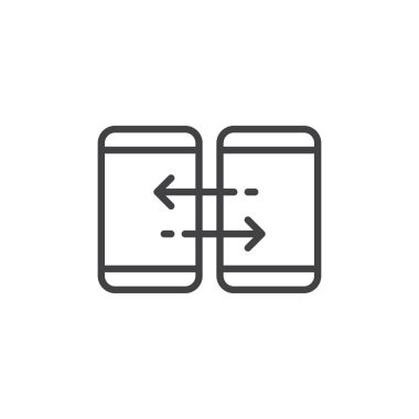 Mobil aygıt eşitleme satırı simgesi, Anahat vektör işareti üzerinde beyaz izole doğrusal stil piktogram. Sync simgesi, logo illüstrasyon. Düzenlenebilir inme. Piksel mükemmel