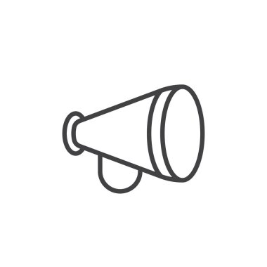 Reklam, duyuru, megafon satırı simgesi, Anahat vektör işareti üzerinde beyaz izole doğrusal stil piktogram. Sembol, logo illüstrasyon. Düzenlenebilir inme. Piksel mükemmel