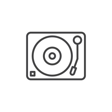 Pikap, vinil disk oyuncu satırı simgesi, Anahat vektör işareti üzerinde beyaz izole doğrusal stil piktogram. DJ sembolü, logo illüstrasyon. Düzenlenebilir inme. Piksel mükemmel