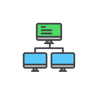 Bilgisayar ağ doldurulmuş anahat simgesini, çizgi vektör işareti, üzerinde beyaz izole doğrusal renkli sembol. Sembol, logo illüstrasyon. Piksel mükemmel vektör grafikleri