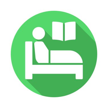 Yatak düz simgesi kitap okumak. Renkli düğme dairesel vektör uzun gölge efekti ile oturum açın. Düz stil tasarım