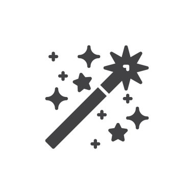 Sihirli değnek simge vektör, dolu düz işareti, üzerinde beyaz izole katı piktogram. Sembol, logo illüstrasyon. Piksel mükemmel