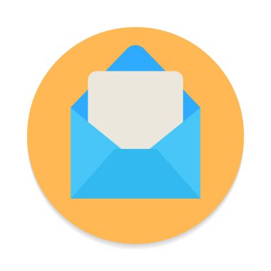 E-posta, ileti düz simgesi. Yuvarlak renkli düğmesini, dairesel vektör işareti. Düz stil tasarım