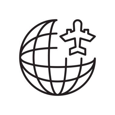 Seyahat dünya satırı simgesi, vektör işareti, anahat üzerinde beyaz izole doğrusal stil piktogram. Küre ve uçak sembolü, logo illüstrasyon. Düzenlenebilir inme. Piksel mükemmel grafikler