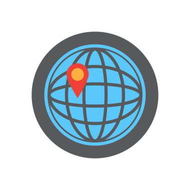 Düz simge konumu iğnesi. Yuvarlak renkli düğme, dairesel vektör işaret, logo illüstrasyon. Düz stil tasarım