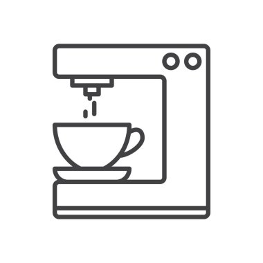 Kahve makinesi satırı simgesi, Anahat vektör işareti üzerinde beyaz izole doğrusal stil piktogram. Kahve makinesi sembolü, logo illüstrasyon. Düzenlenebilir inme. Piksel mükemmel grafikler