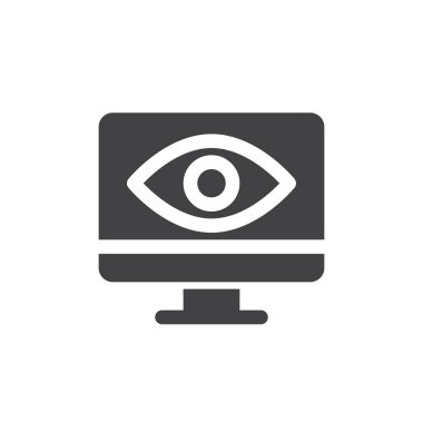 Ekran ve göz simge vektör, dolu düz işareti, üzerinde beyaz izole katı piktogram. İzleme simgesi, logo illüstrasyon. Piksel mükemmel