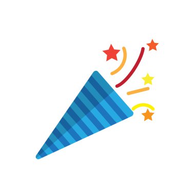 Konfeti popper düz simgesi, dolgulu vektör işareti, renkli sembol üzerinde beyaz izole. Sembol, logo illüstrasyon. Düz stil tasarım