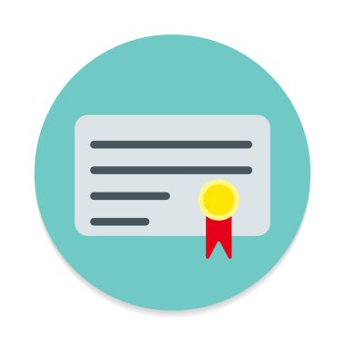 İş sertifika düz simgesi. Yuvarlak renkli düğmesini, dairesel vektör işareti. Düz stil tasarım