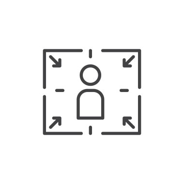 Hedef Kullanıcı satırı simgesi, vektör işareti, anahat üzerinde beyaz izole doğrusal stil piktogram. Sembol, logo illüstrasyon