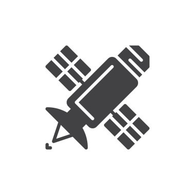 Uydu simge vektör, dolu düz işareti, üzerinde beyaz izole katı piktogram. Sembol, logo illüstrasyon. Piksel mükemmel grafikler