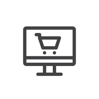 Internet mağaza satırı simgesi, vektör işareti, anahat üzerinde beyaz izole doğrusal stil piktogram. Online alışveriş sembolü, logo illüstrasyon. Kalın çizgili tema. Piksel mükemmel grafikler