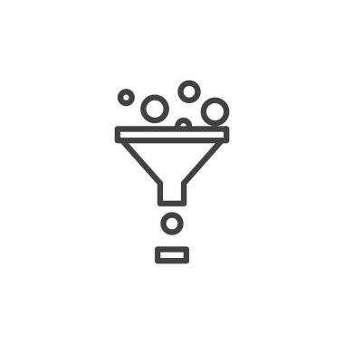 Satırı simgesi huni, vektör işareti, anahat üzerinde beyaz izole doğrusal stil piktogram. Veri filtre simgesi, logo illüstrasyon