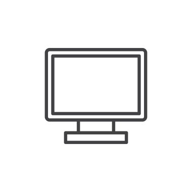 Masaüstü bilgisayar, ekran satırı simgesi, Anahat vektör işareti üzerinde beyaz izole doğrusal stil piktogram. Sembol, logo illüstrasyon. Düzenlenebilir inme. Piksel mükemmel grafikler