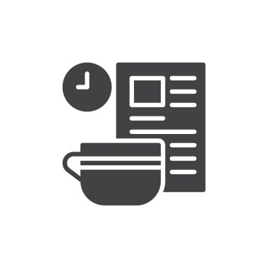 Gazete simge vektör, dolu düz işareti, üzerinde beyaz izole katı piktogram ile kahvaltı. Sembol, logo illüstrasyon. Piksel mükemmel grafikler