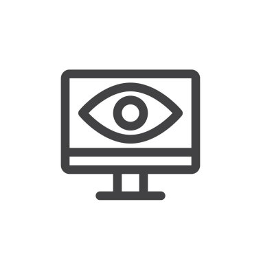 Ekran ve satır kutsal kişilerin resmi, vektör işareti, anahat göz üzerinde beyaz izole doğrusal stil piktogram. İzleme simgesi, logo illüstrasyon. Kalın çizgili tema. Piksel mükemmel grafikler