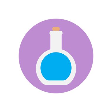 Yuvarlak alt şişesi düz simgesi. Yuvarlak renkli düğme, laboratuvar cam dairesel vektör işaret, logo illüstrasyon. Düz stil tasarım