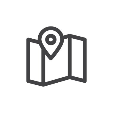 Harita, konuma satırı simgesi, Anahat vektör işareti üzerinde beyaz izole doğrusal stil piktogram. Sembol, logo illüstrasyon. Kalın çizgili tema. Piksel mükemmel grafikler