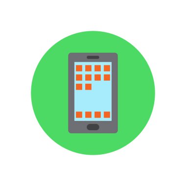 Smartphone ile apps düz simgesi. Yuvarlak renkli düğme, dairesel vektör işaret, logo illüstrasyon. Düz stil tasarım