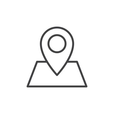 Harita satırı simgesi konumunda Anahat vektör işareti, üzerinde beyaz izole doğrusal stil piktogram. Harita işaretçi simgesi, logo illüstrasyon. Düzenlenebilir inme. Piksel mükemmel grafikler