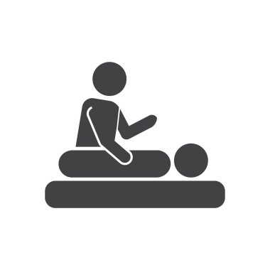 Masaj stickmen simgesi, dolu düz işareti, katı glif piktogram, spa hizmetleri vektör çizim