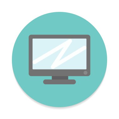 Masaüstü bilgisayar, düz ekran simgesi. Yuvarlak renkli düğmesini, dairesel vektör işareti. Düz stil tasarım