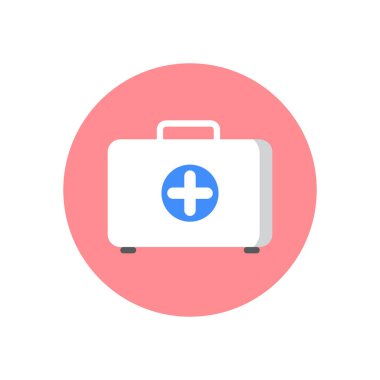 İlk yardım seti düz simgesi. Yuvarlak renkli düğme, doktor çantası dairesel vektör işaret, logo illüstrasyon. Düz stil tasarım