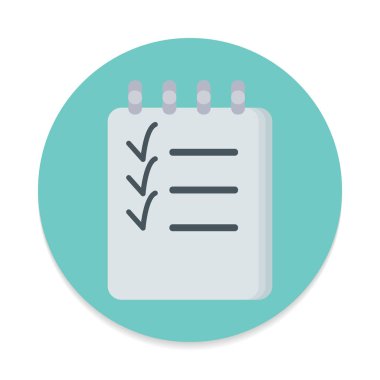 Denetim listesi düz simgesi. Renkli düğme dairesel vektör işareti oluşturuyor. Düz stil tasarım