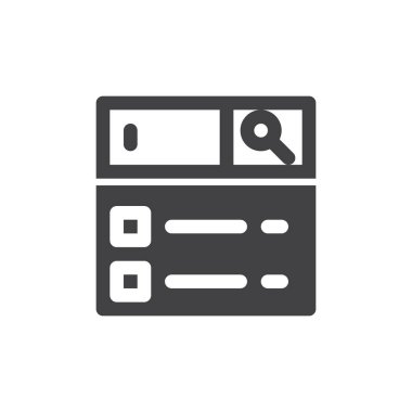 Arama simge vektör, dolu düz işareti, üzerinde beyaz izole katı piktogram. Sembol, logo illüstrasyon. Piksel mükemmel