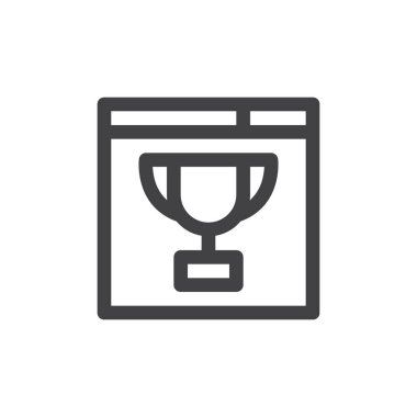 Tarayıcı ve kupa satırı simgesi, Anahat vektör işareti, üzerinde beyaz izole doğrusal stil piktogram. Web sitesi sıralaması sembolü, logo illüstrasyon. Kalın çizgili tema. Piksel mükemmel grafikler