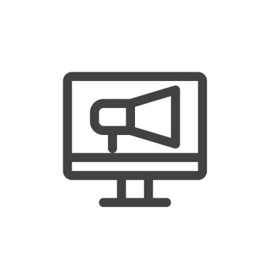 Ekran ve satır kutsal kişilerin resmi, vektör işareti, anahat megafon doğrusal stil piktogram beyaz izole. Online reklam sembol, logo illüstrasyon. Kalın çizgili tema. Piksel mükemmel grafikler