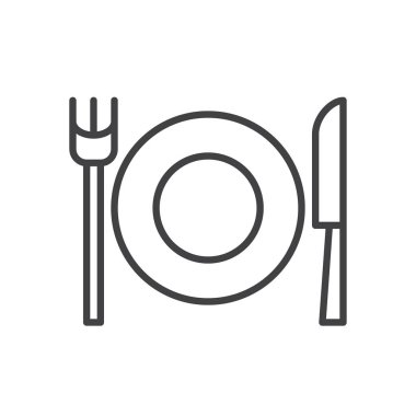 Bıçak, çatal, çanak satırı simgesi, Anahat vektör işareti üzerinde beyaz izole doğrusal stil piktogram. Restoran, yiyecek sembolü, logo illüstrasyon. Düzenlenebilir inme. Piksel mükemmel grafikler