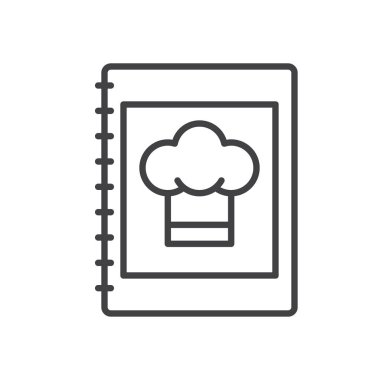 Kitabı satırı simgesi, Anahat vektör işareti üzerinde beyaz izole doğrusal stil piktogram. Yemek kitabı sembolü, logo illüstrasyon. Düzenlenebilir inme. Piksel mükemmel grafikler