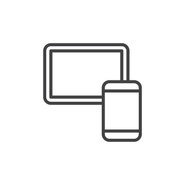 Tablet ve satır kutsal kişilerin resmi, vektör işareti, anahat smartphone üzerinde beyaz izole doğrusal stil piktogram. Mobil cihazlar sembolü, logo illüstrasyon. Düzenlenebilir inme. Piksel mükemmel grafikler