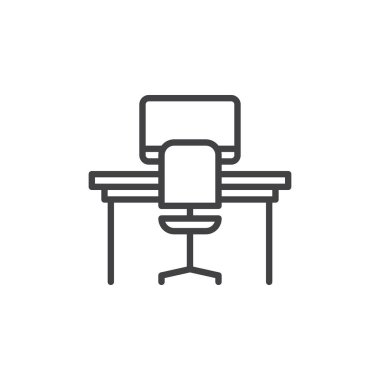 Office tablo satırı simgesi, Anahat vektör işareti üzerinde beyaz izole doğrusal stil piktogram. Çalışma alanı simgesi, logo illüstrasyon. Düzenlenebilir inme. Piksel mükemmel grafikler