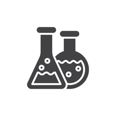 Şişeler simge vektör, düz işareti, üzerinde beyaz izole katı piktogram dolu. Kimyasal laboratuvar sembolü, logo illüstrasyon. Piksel mükemmel grafikler